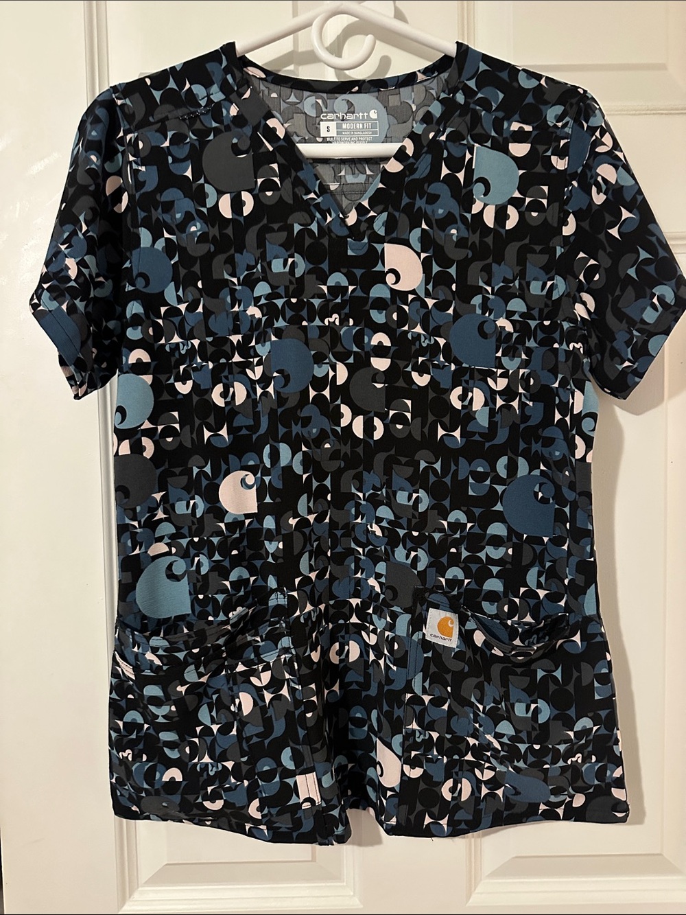 Carhartt Black, Blue & Pink Geometric Print Scrub Top
